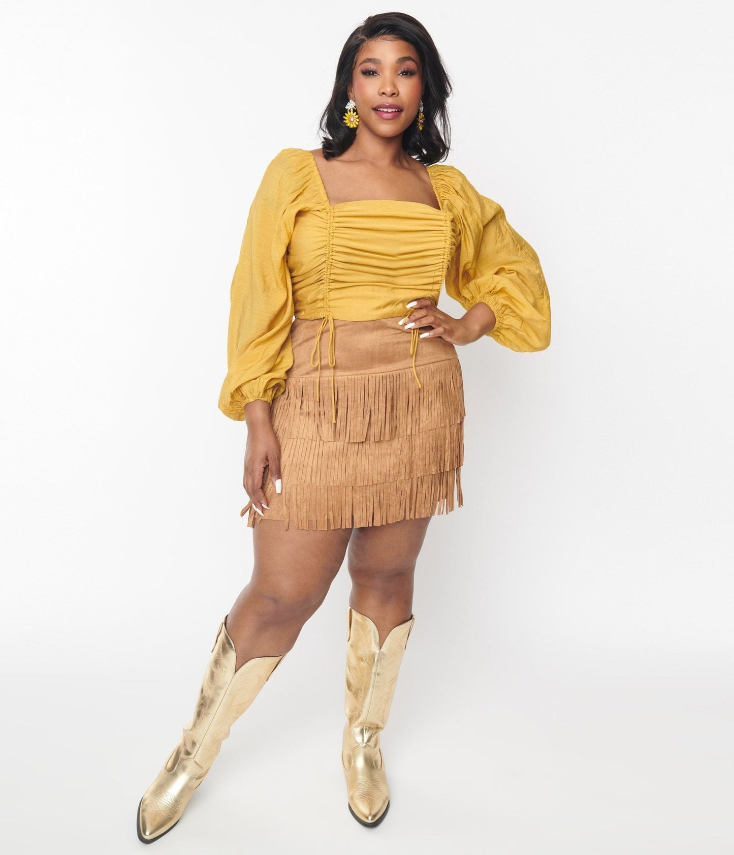 Plus Size Brown Suede Tiered Fringe Skirt - Unique Vintage - Womens, BOTTOMS, SKIRTS