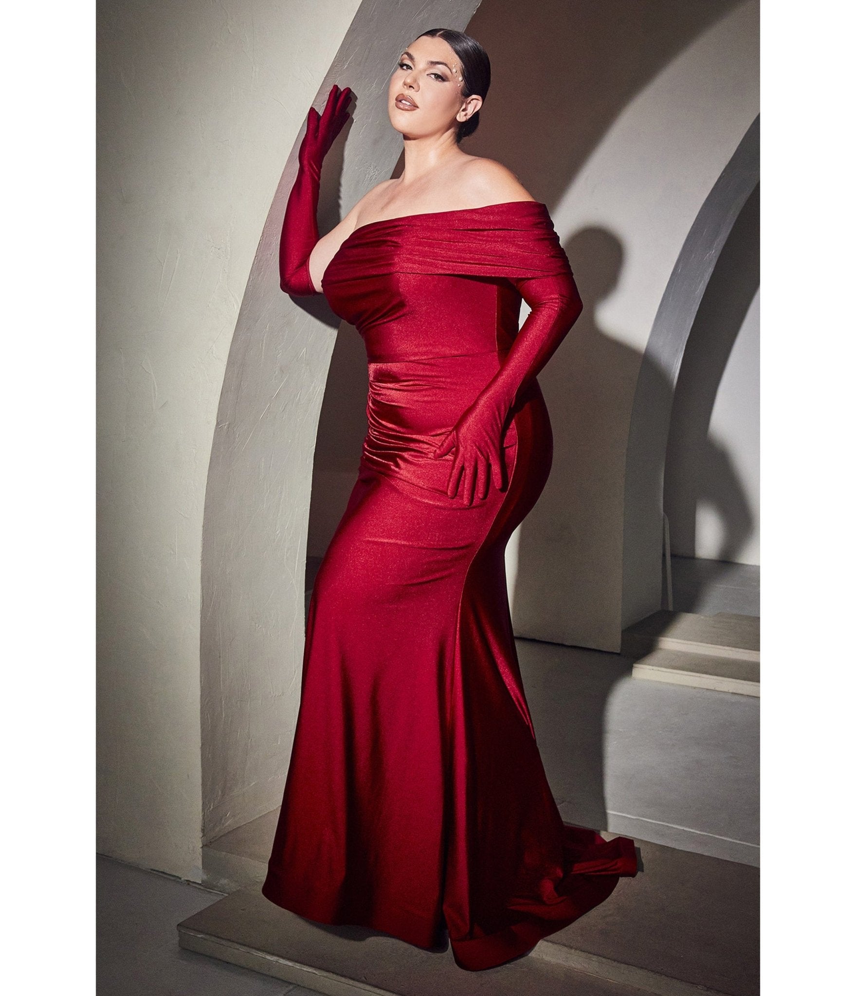 Plus Size Burgundy One Shoulder Bridesmaid Trumpet Gown with Gloves - Unique Vintage - Womens, DRESSES, PROM AND SPECIAL OCCASION