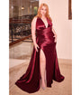 Cinderella Divine  Plus Size Burgundy Pleated Satin Halter Fitted Slit Dress