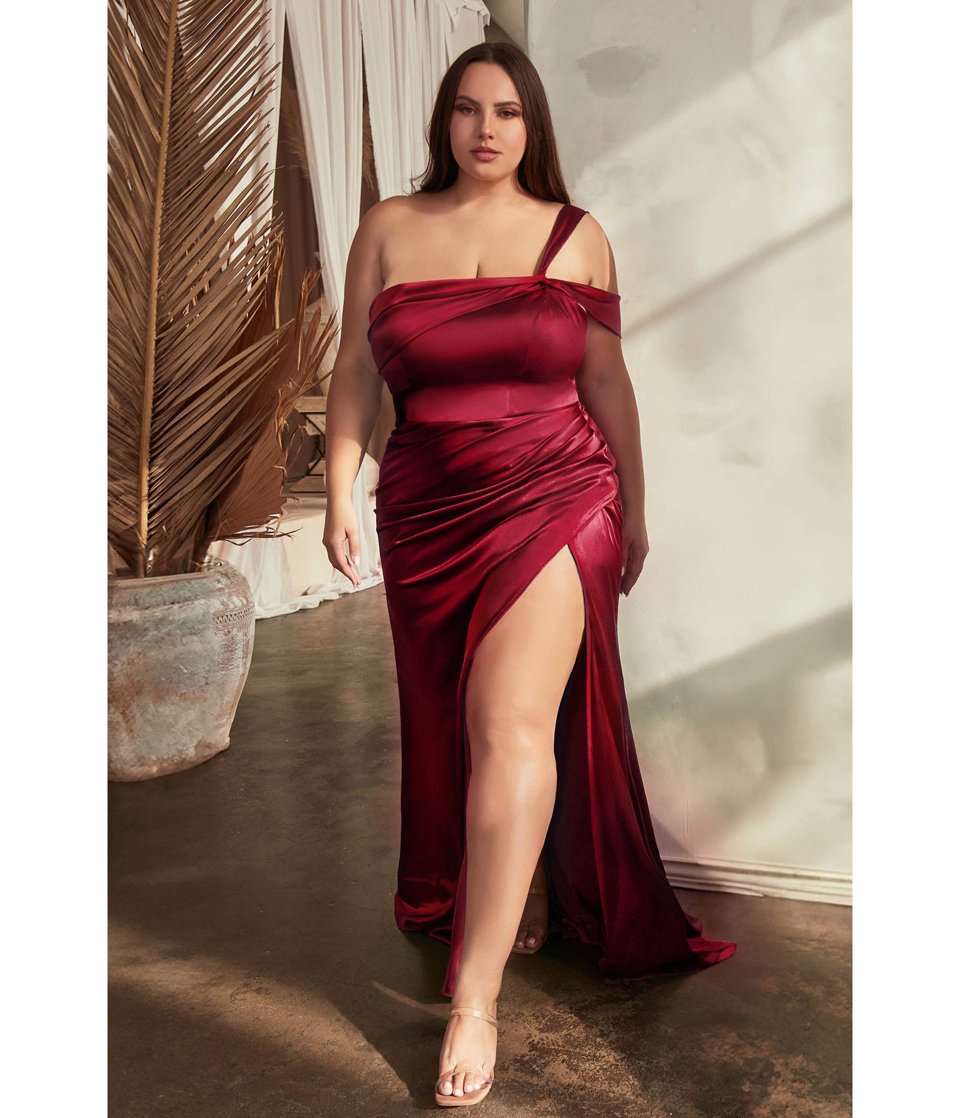 Plus Size Burgundy Ruched Satin One Shoulder Evening Gown - Unique Vintage - Womens, DRESSES, PROM AND SPECIAL OCCASION