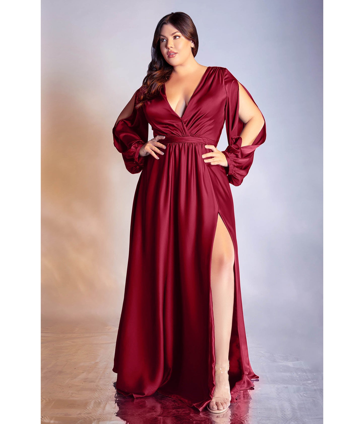 Plus Size Burgundy Satin Blouson Sleeve Evening Gown - Unique Vintage - Womens, DRESSES, PROM AND SPECIAL OCCASION