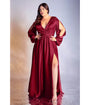 Cinderella Divine  Plus Size Burgundy Satin Blouson Sleeve Evening Gown