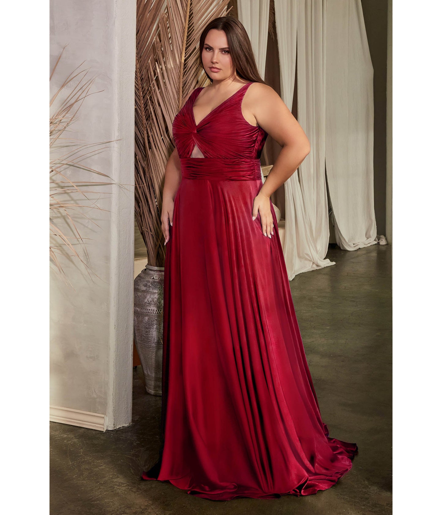 Plus Size Burgundy Satin Ruched Knotted Keyhole Evening Gown - Unique Vintage - Womens, DRESSES, PROM AND SPECIAL OCCASION