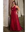 Cinderella Divine  Plus Size Burgundy Satin Ruched Knotted Keyhole Evening Gown