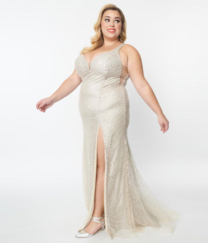 Plus Size Champagne Beaded Deco Harlow Wedding Dress - Unique Vintage - Womens, DRESSES, PROM AND SPECIAL OCCASION