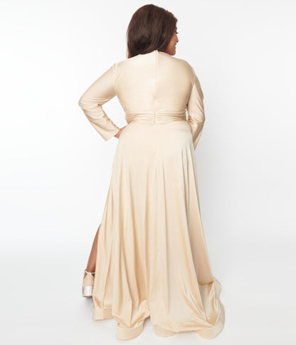Plus Size Champagne Long Sleeve Sophisticated Goddess Gown - Unique Vintage - Womens, DRESSES, PROM AND SPECIAL OCCASION