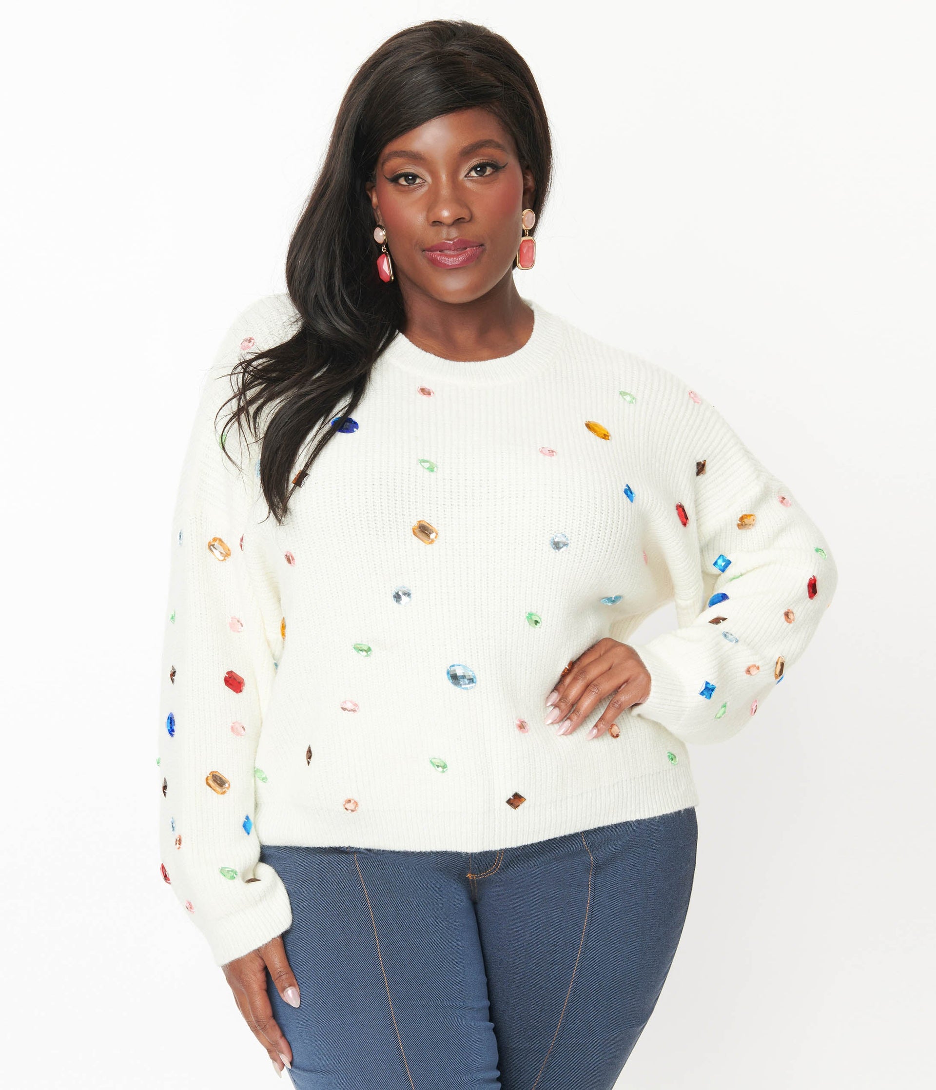 Plus Size Cream Bejeweled Pullover Sweater - Unique Vintage - Womens, TOPS, SWEATERS