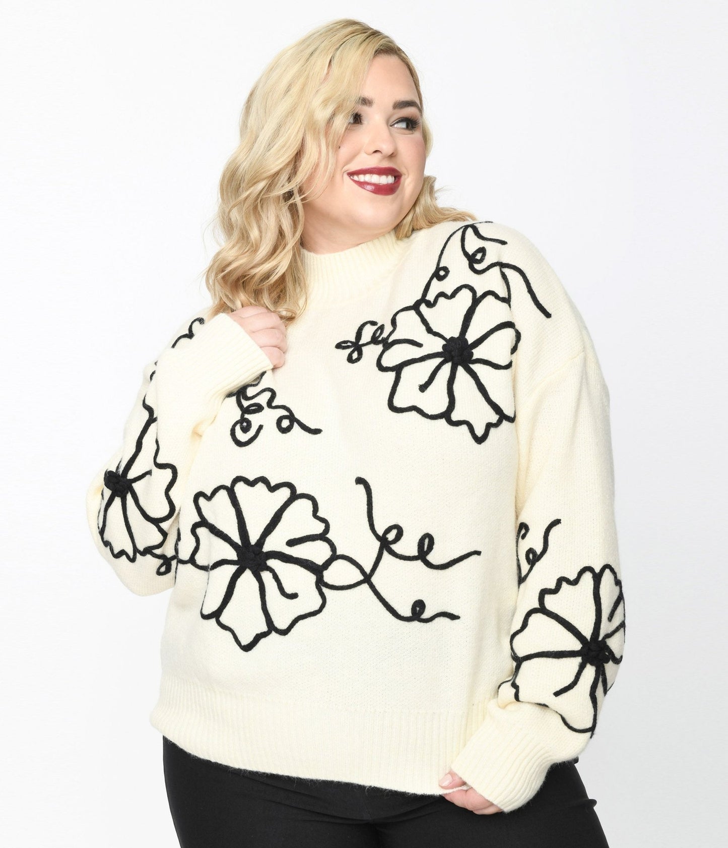 Plus Size Cream & Black Floral Embroidered Mock Neck Sweater - Unique Vintage - Womens, TOPS, SWEATERS