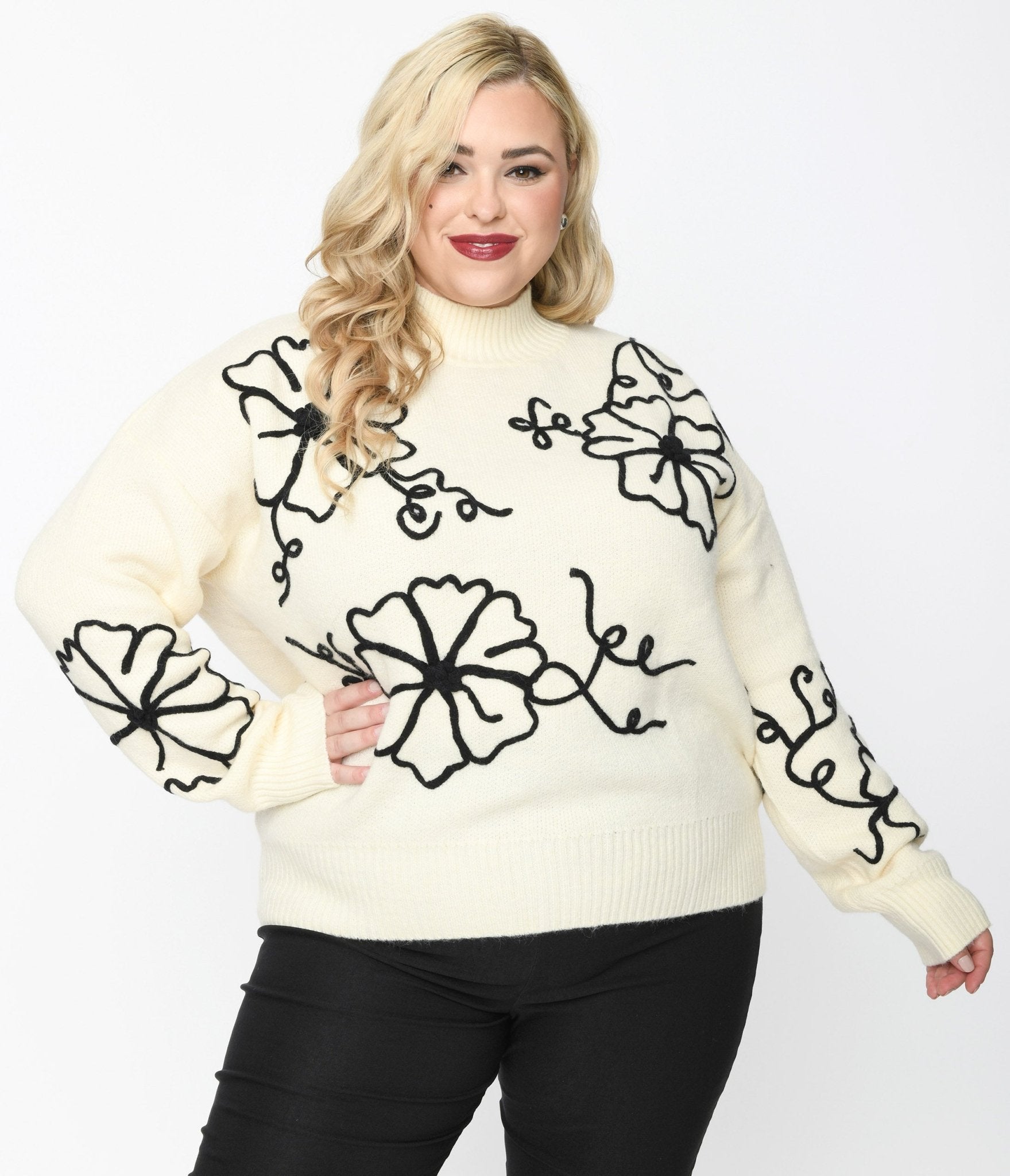 Plus Size Cream & Black Floral Embroidered Mock Neck Sweater - Unique Vintage - Womens, TOPS, SWEATERS