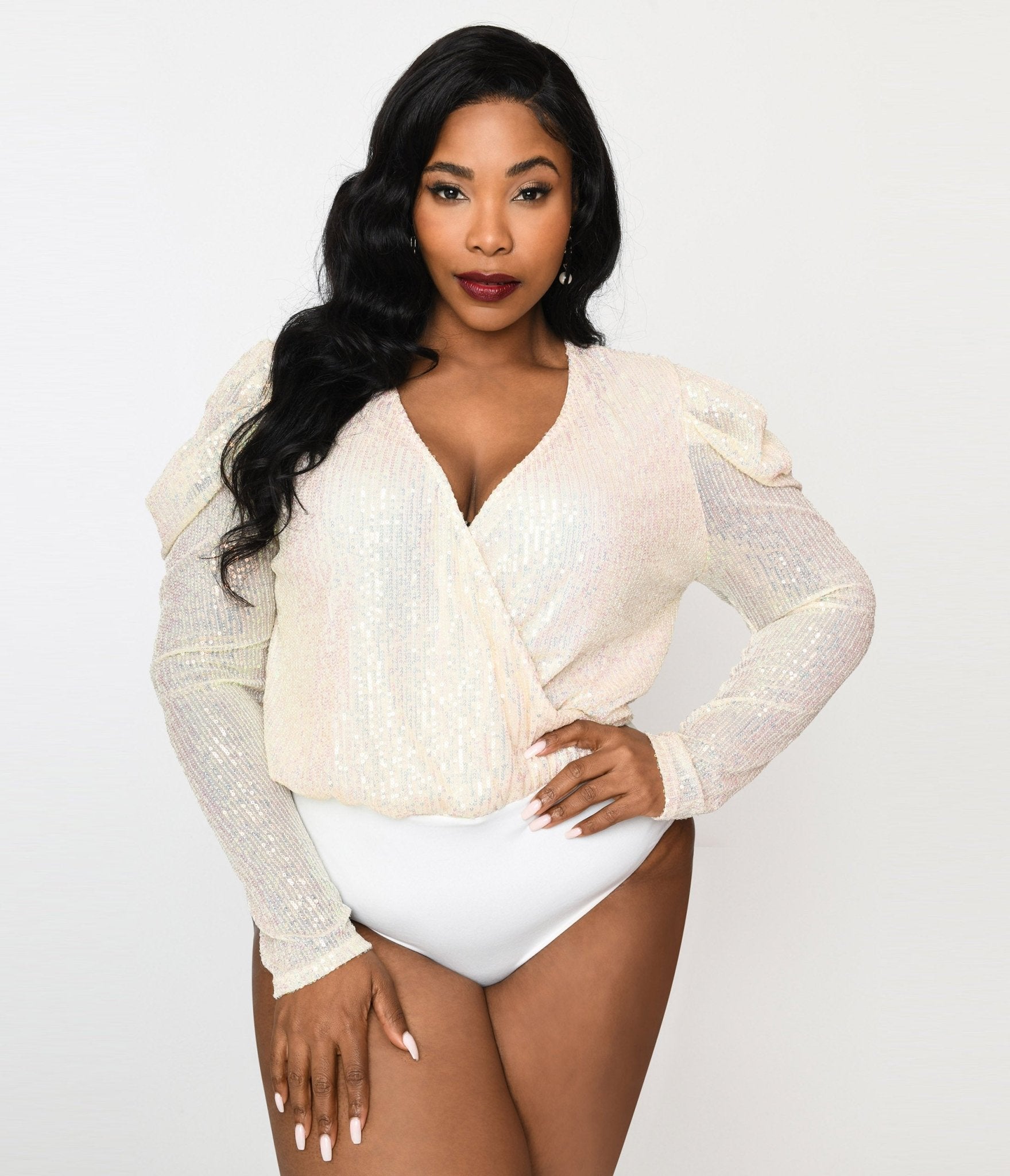 Plus Size Cream Sequin Long Sleeve Bodysuit - Unique Vintage - Womens, TOPS, BODYSUITS