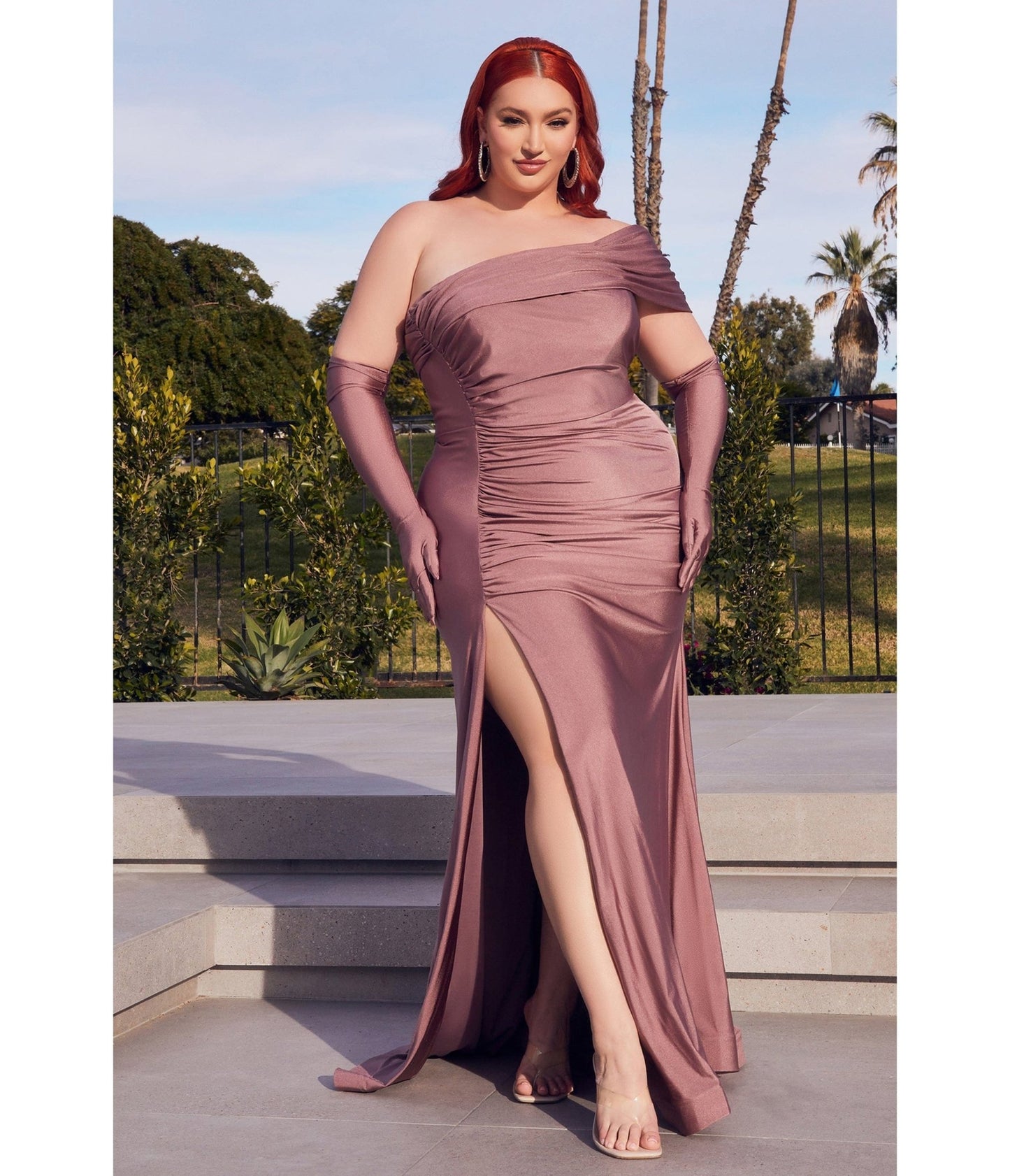 Plus Size Dark Mauve One Shoulder Bridesmaid Trumpet Gown with Gloves - Unique Vintage - Womens, DRESSES, PROM AND SPECIAL OCCASION