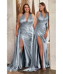 Cinderella Divine  Plus Size Dusty Blue Pleated Satin Halter Fitted Slit Dress