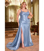 Cinderella Divine  Plus Size Dusty Blue Sequin Applique & Ruched Satin Evening Gown