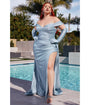 Cinderella Divine  Plus Size Dusty Blue Shimmering Off The Shoulder Bridesmaid Dress with Gloves