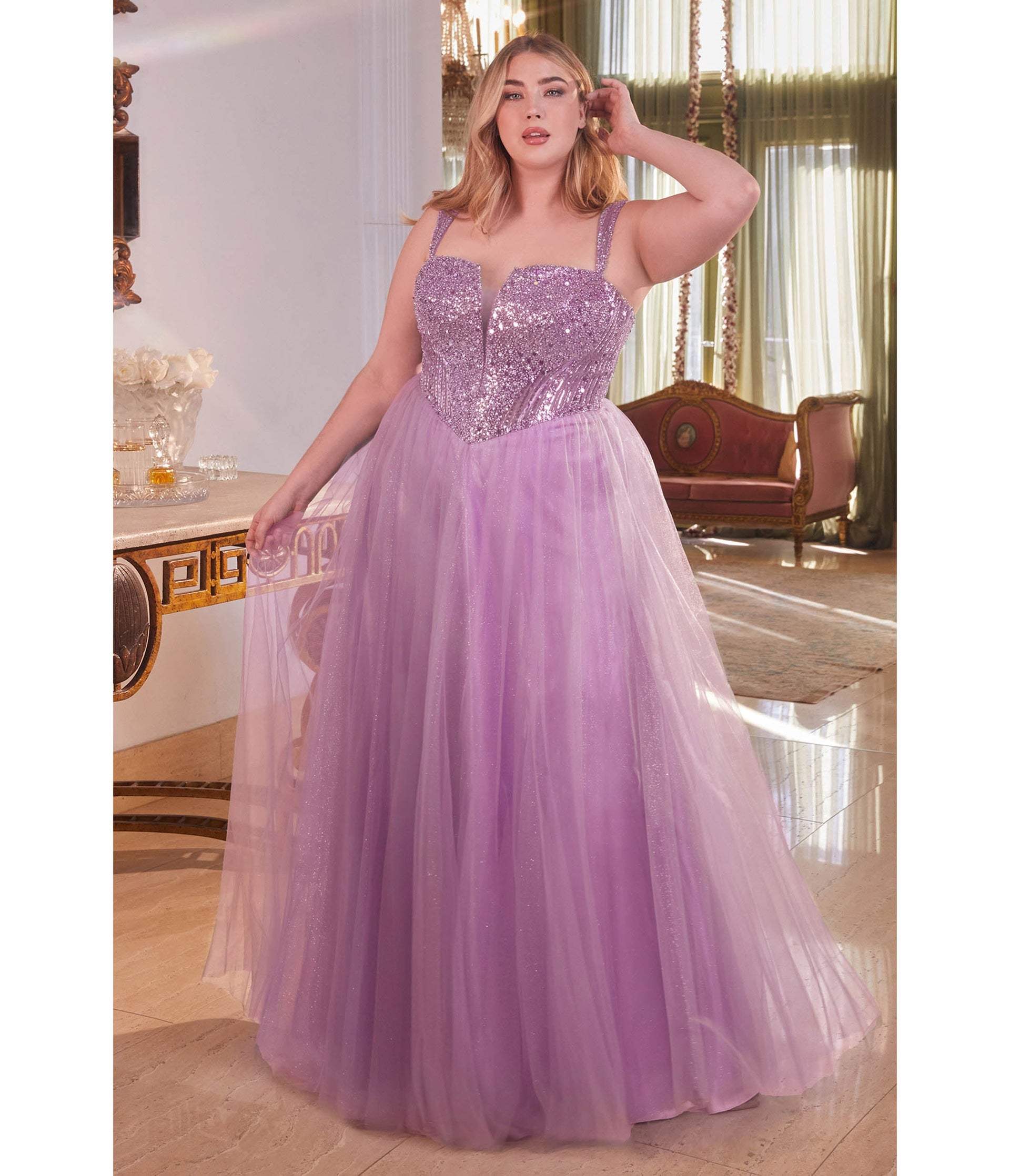 Plus Size Dusty Lavender Glitter Bodice & Tulle Prom Ball Gown - Unique Vintage - Womens, DRESSES, PROM AND SPECIAL OCCASION