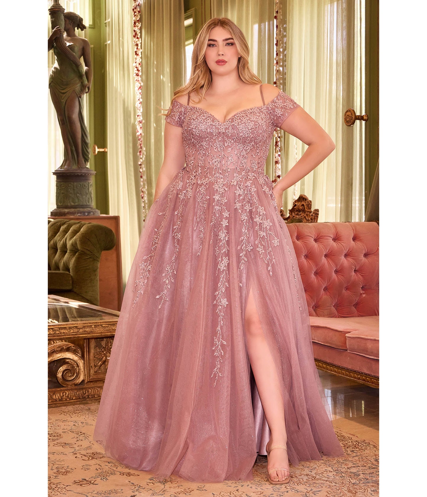 Plus Size Dusty Mauve Glitter Tulle Off The Shoulder Applique Slit Gown - Unique Vintage - Womens, DRESSES, PROM AND SPECIAL OCCASION