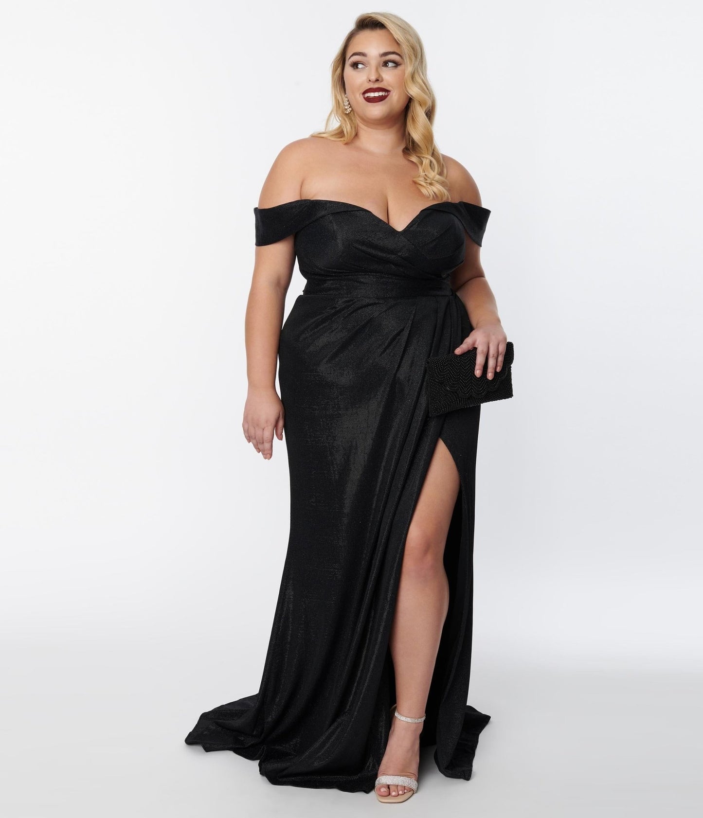 Plus Size Elegant Black Shimmer Off The Shoulder Dress - Unique Vintage - Womens, DRESSES, PROM AND SPECIAL OCCASION