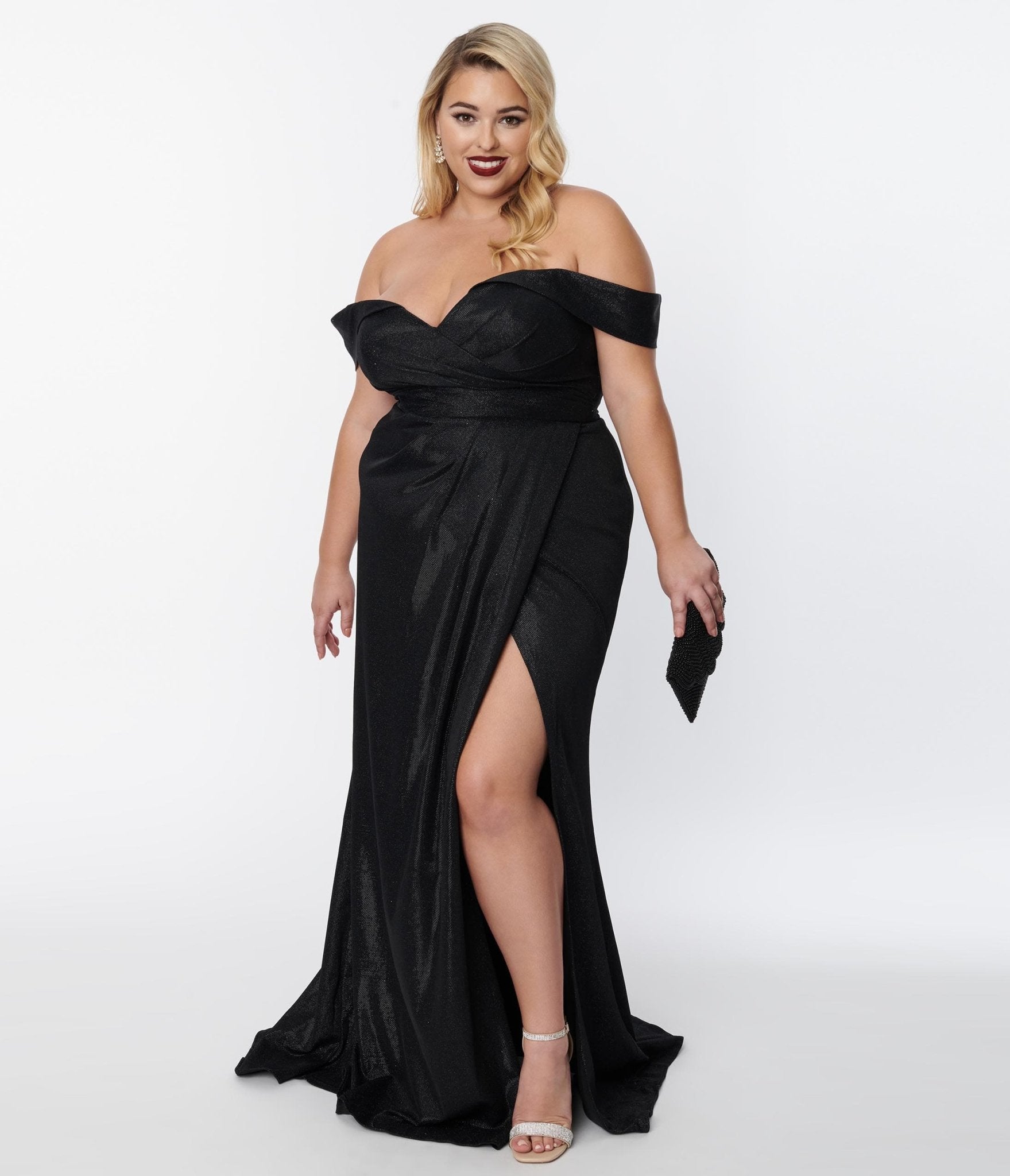 Plus Size Elegant Black Shimmer Off The Shoulder Dress – Unique Vintage