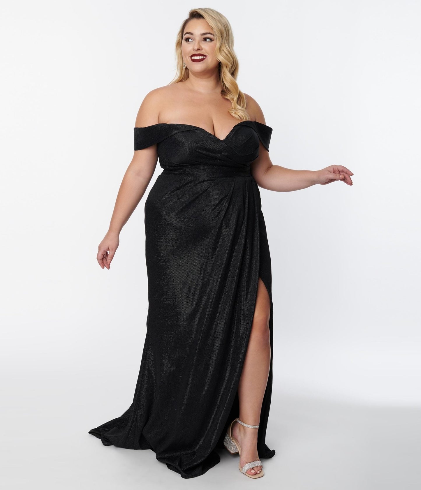 Plus Size Elegant Black Shimmer Off The Shoulder Dress - Unique Vintage - Womens, DRESSES, PROM AND SPECIAL OCCASION