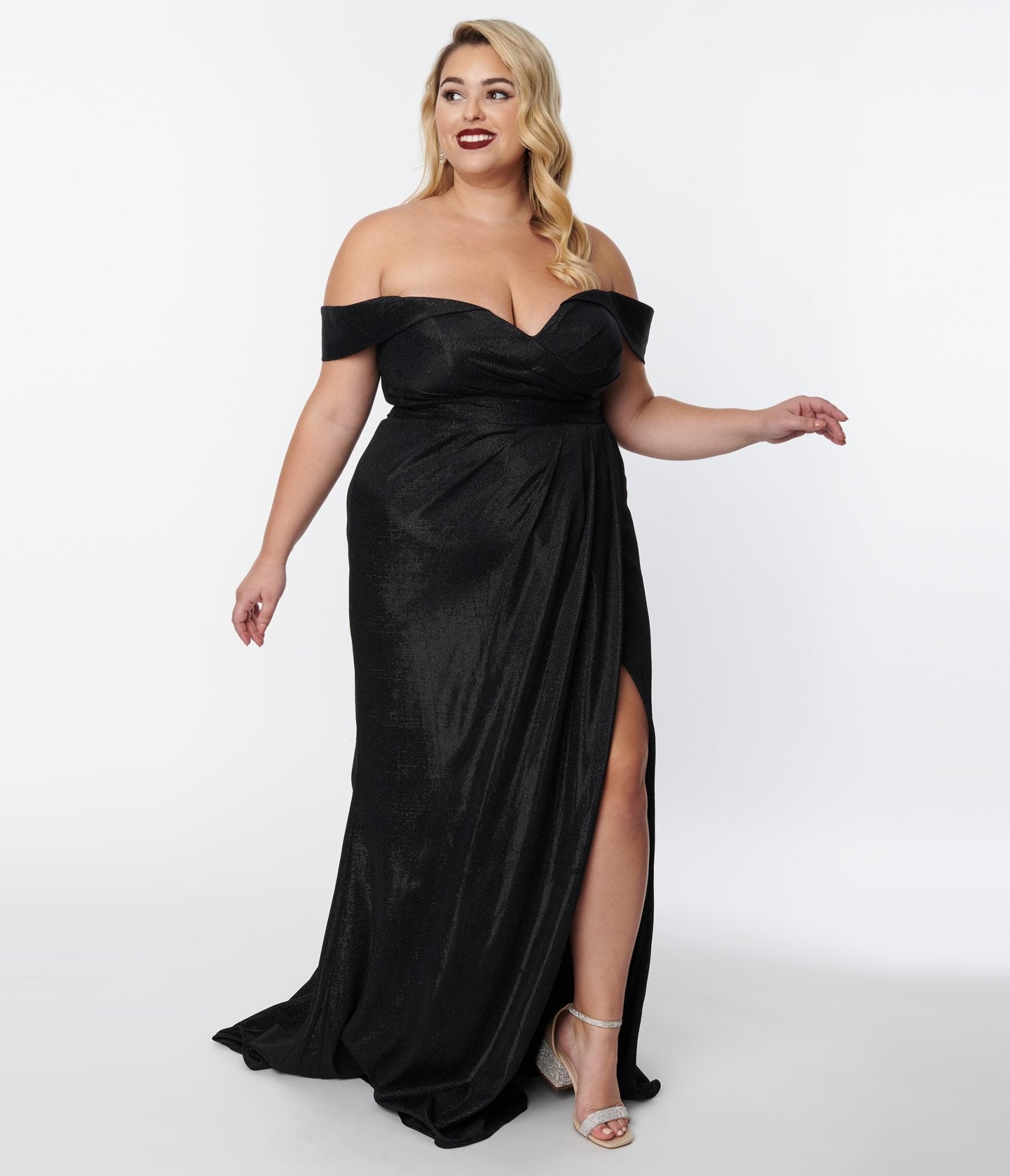 Plus Size Elegant Black Shimmer Off The Shoulder Dress – Unique