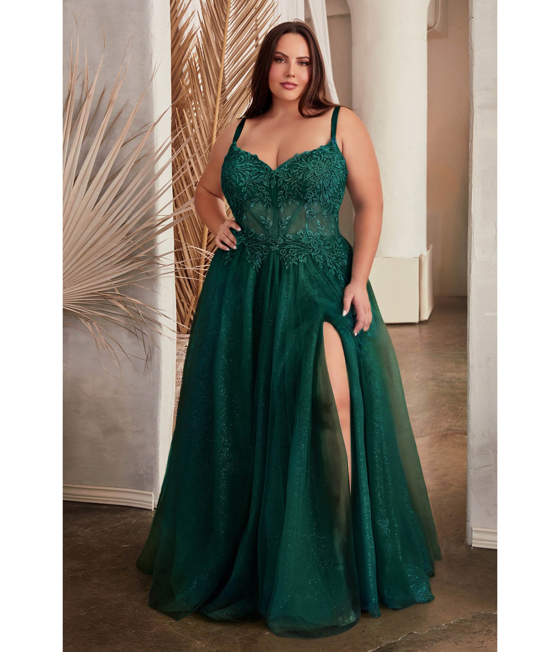 Plus Size Emerald Foliage Applique Corset Tulle Gown - Unique Vintage - Womens, DRESSES, PROM AND SPECIAL OCCASION