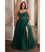 Cinderella Divine  Plus Size Emerald Foliage Applique Corset Tulle Gown