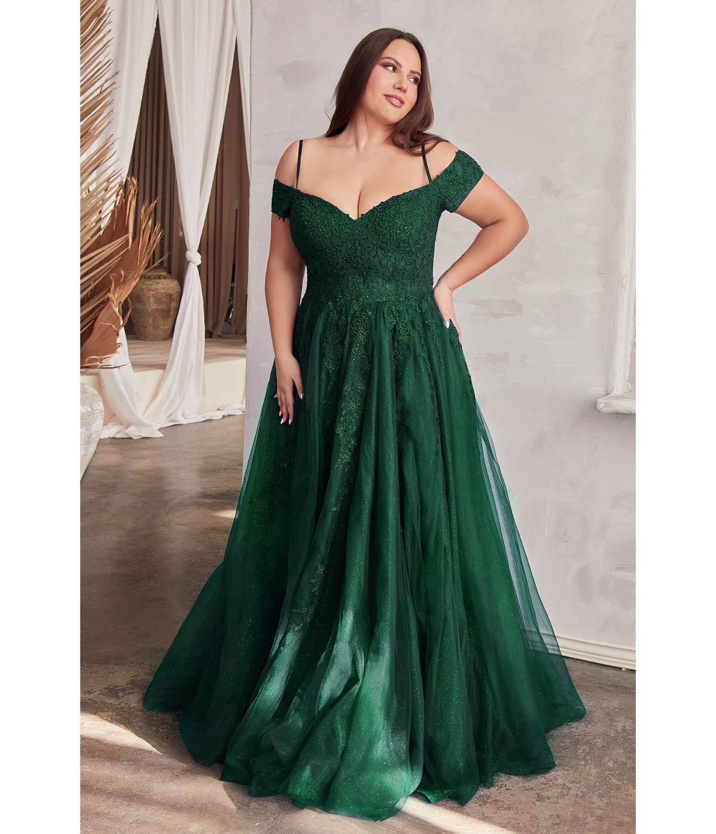 Plus Size Emerald Glitter Tulle Off The Shoulder Applique Slit Gown - Unique Vintage - Womens, DRESSES, PROM AND SPECIAL OCCASION