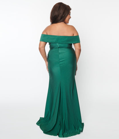 Plus Size Emerald Off the Shoulder Full Length Dress - Unique Vintage - Womens, DRESSES, PROM AND SPECIAL OCCASION