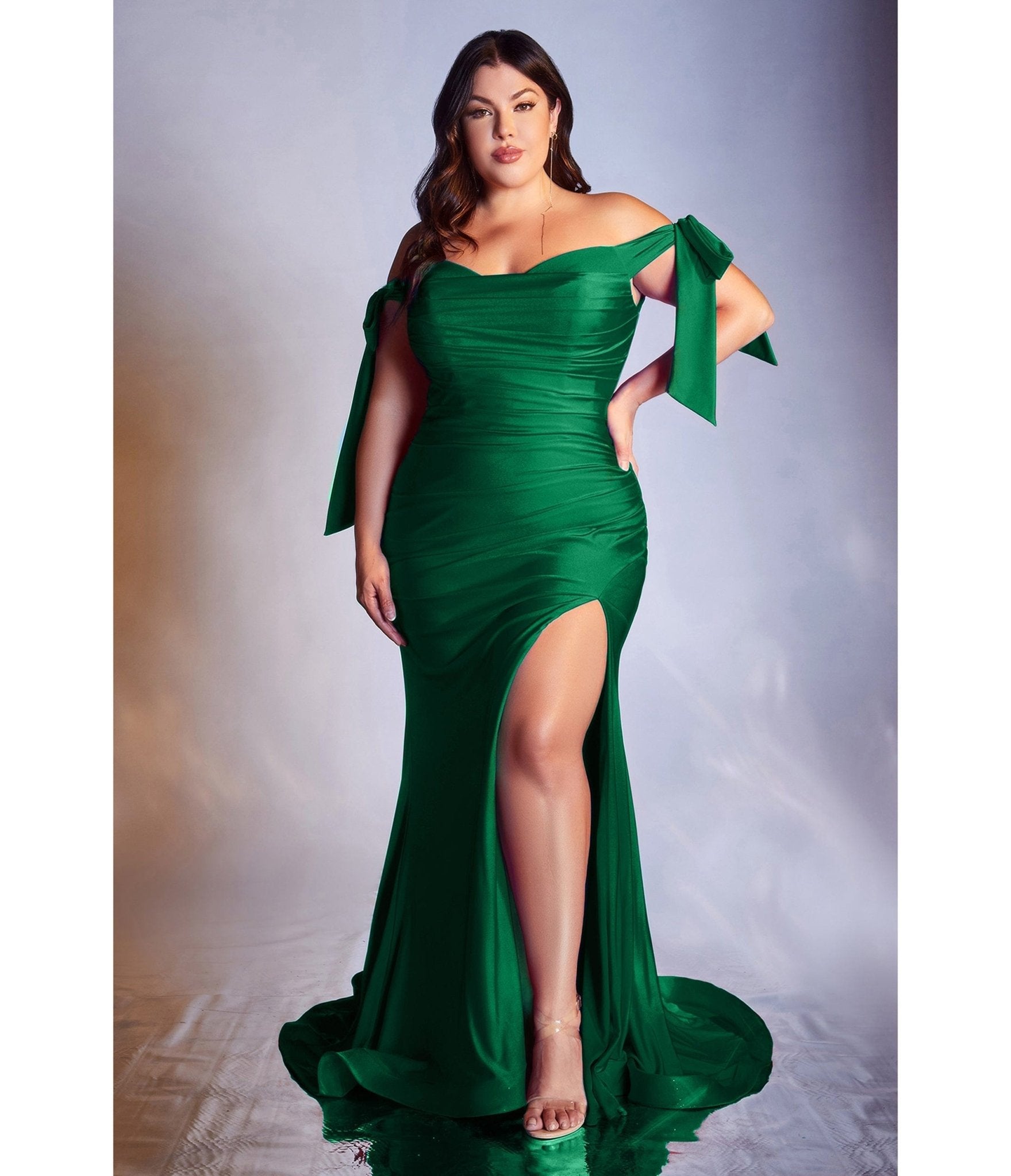 Plus Size Emerald Off The Shoulder Tie Bridesmaid Gown - Unique Vintage - Womens, DRESSES, PROM AND SPECIAL OCCASION