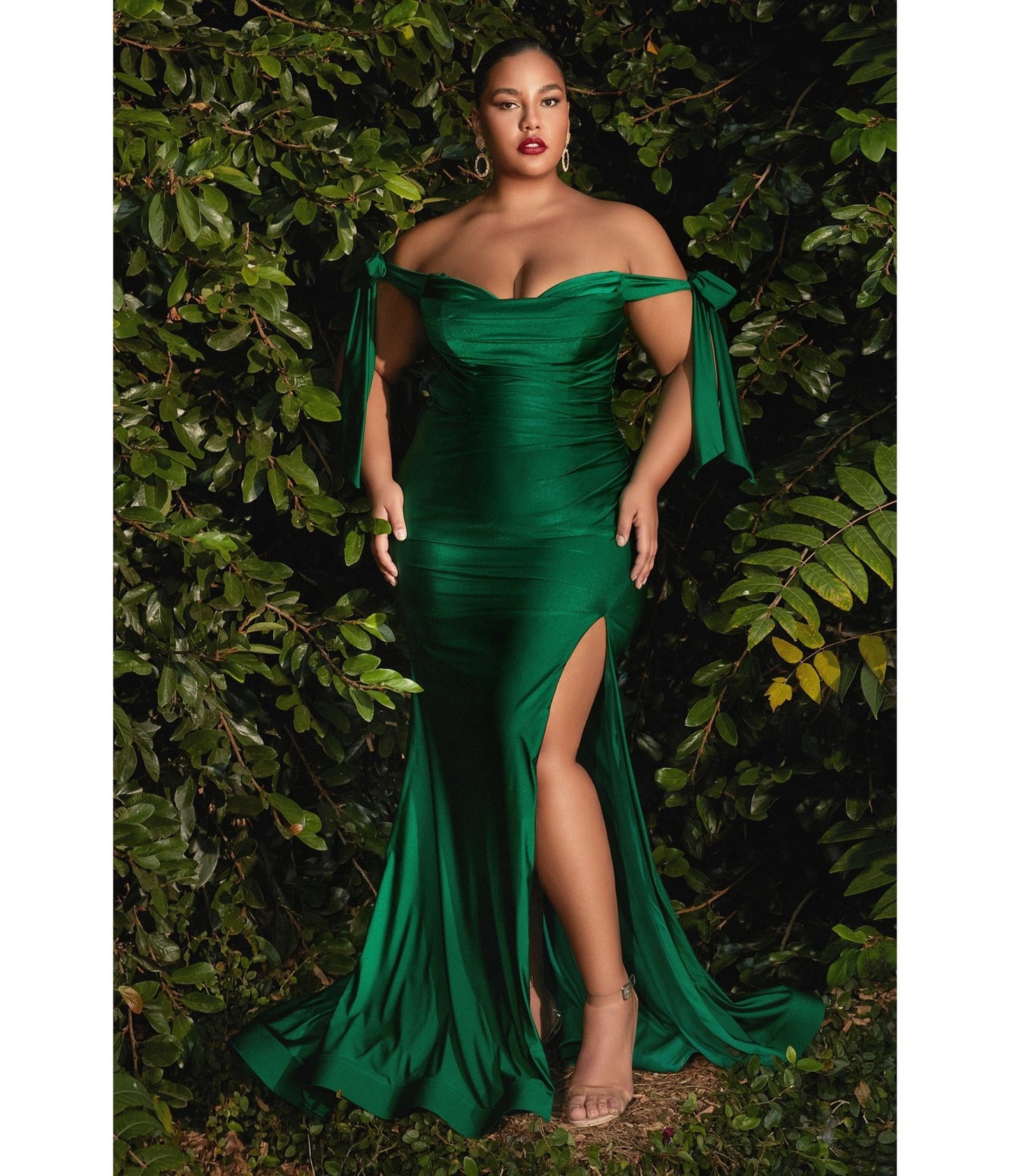 Plus Size Emerald Off The Shoulder Tie Bridesmaid Gown - Unique Vintage - Womens, DRESSES, PROM AND SPECIAL OCCASION
