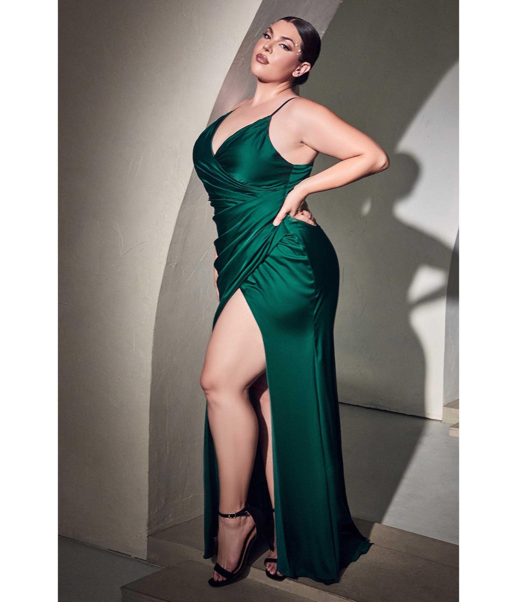 Plus Size Emerald Ruched Satin Mystique Bridesmaid Gown - Unique Vintage - Womens, DRESSES, PROM AND SPECIAL OCCASION