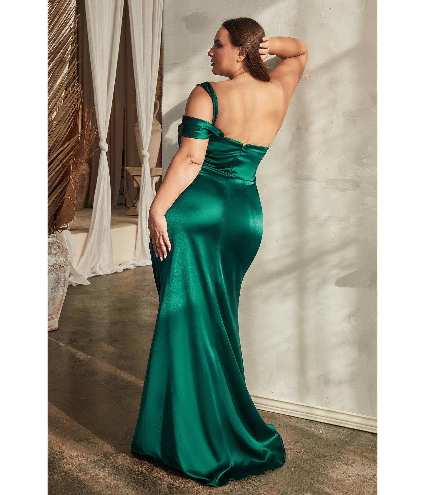 Plus Size Emerald Ruched Satin One Shoulder Evening Gown - Unique Vintage - Womens, DRESSES, PROM AND SPECIAL OCCASION