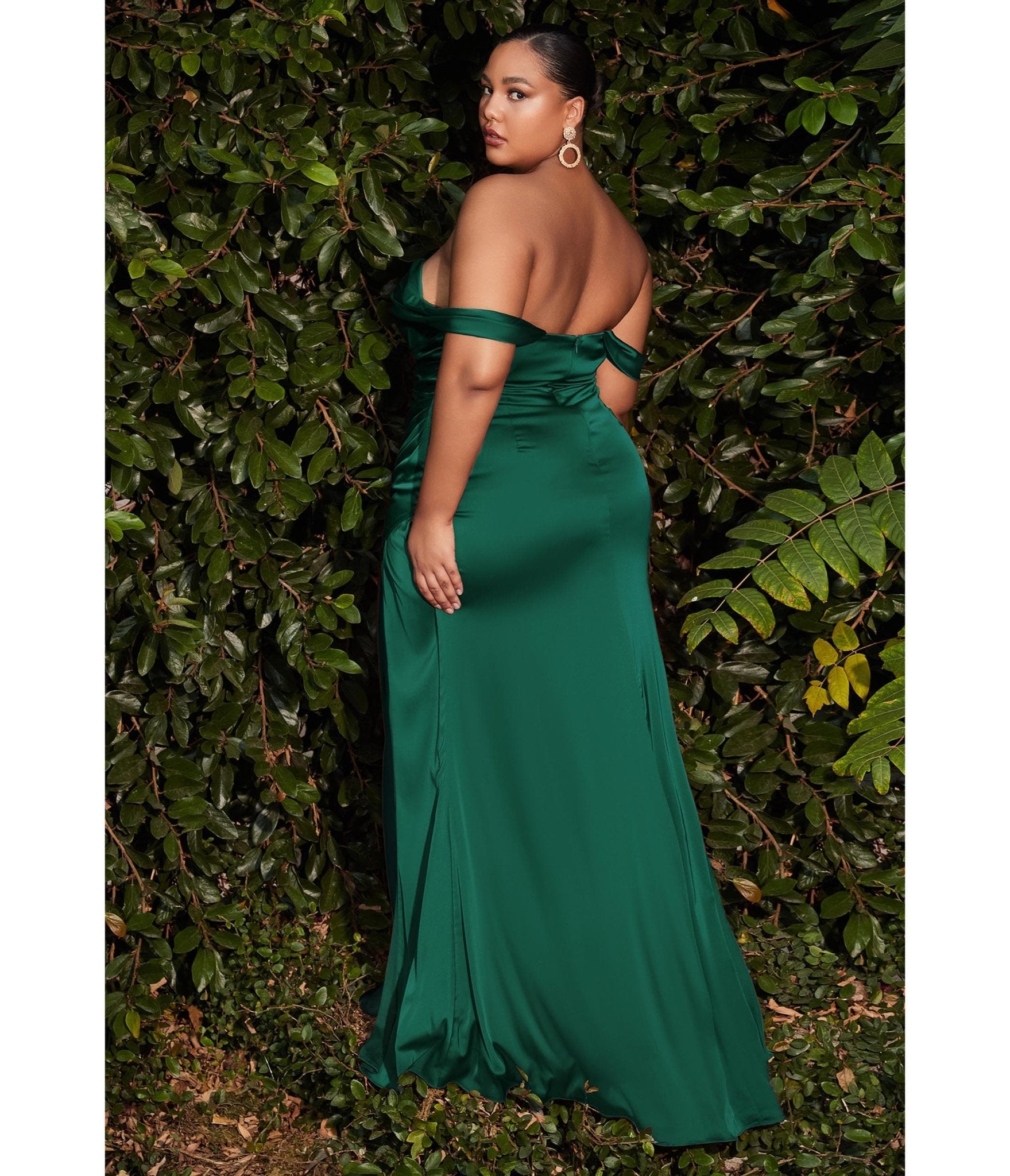 Plus Size Emerald Satin Draped Off The Shoulder Bridesmaid Dress - Unique Vintage - Womens, DRESSES, PROM AND SPECIAL OCCASION