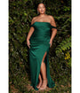 Cinderella Divine  Plus Size Emerald Satin Draped Off The Shoulder Bridesmaid Dress