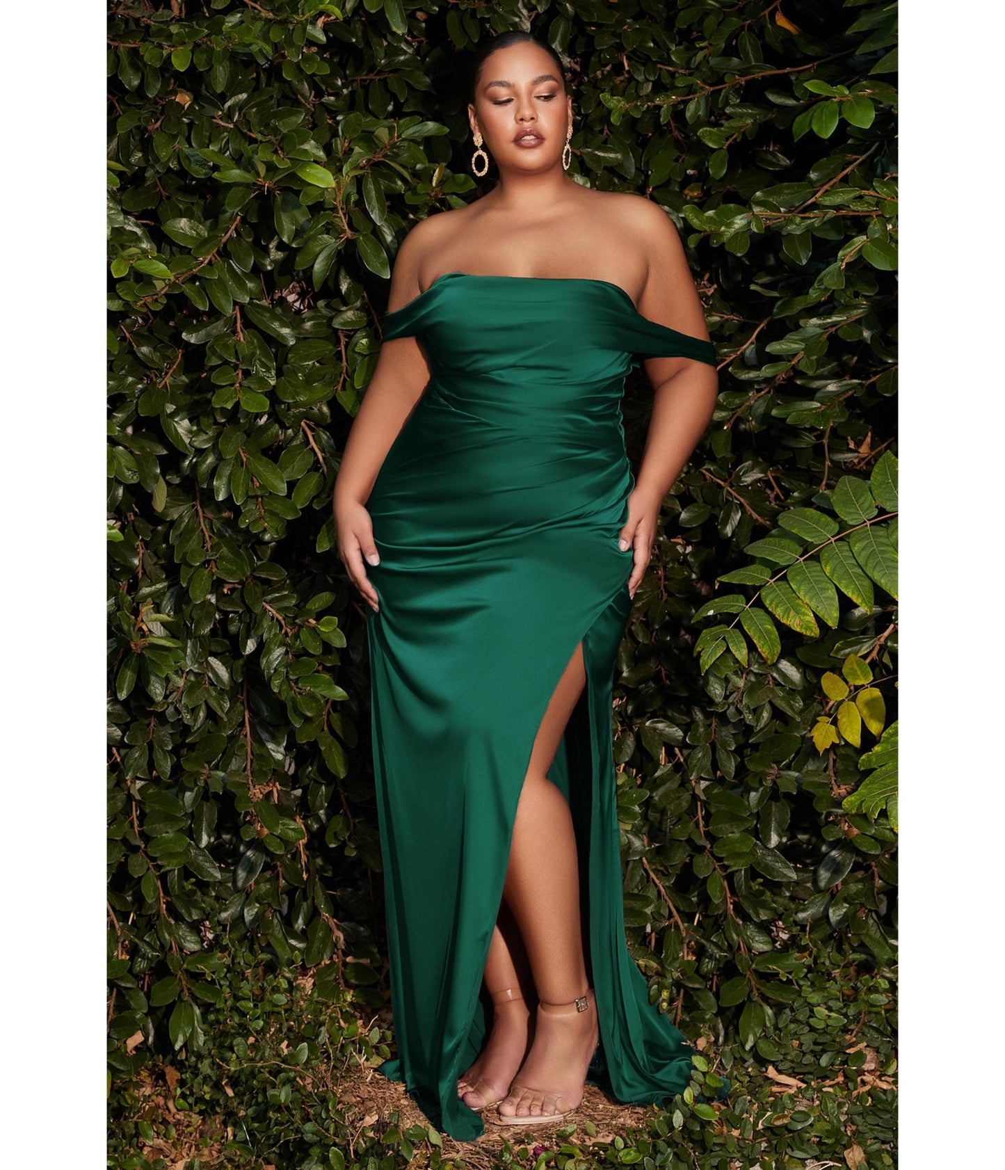 Plus Size Emerald Satin Draped Off The Shoulder Bridesmaid Dress - Unique Vintage - Womens, PROM AND SPECIAL OCCASION
