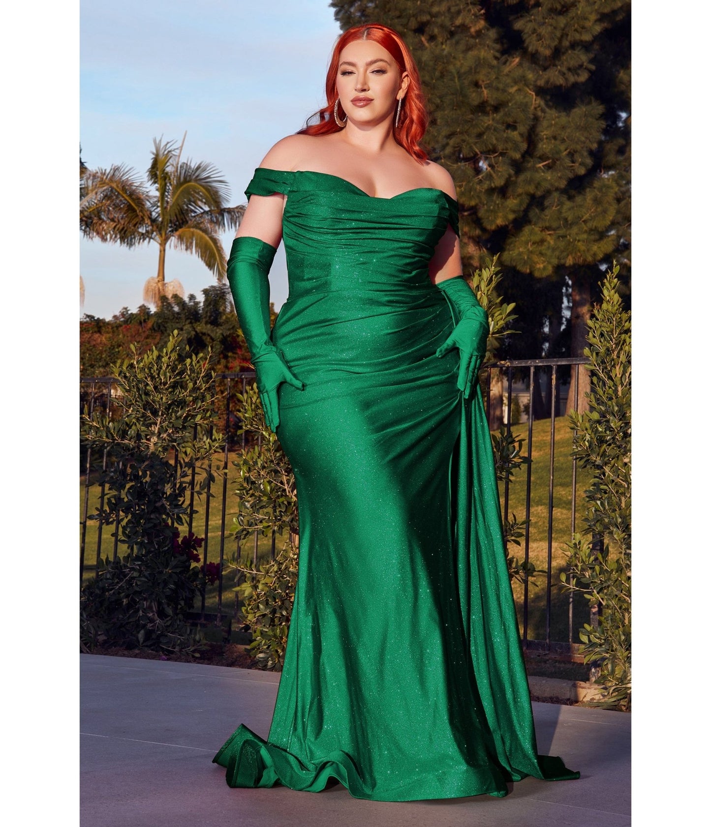 Plus Size Emerald Shimmering Off The Shoulder Bridesmaid Dress with Gloves - Unique Vintage - Womens, DRESSES, PROM AND SPECIAL OCCASION