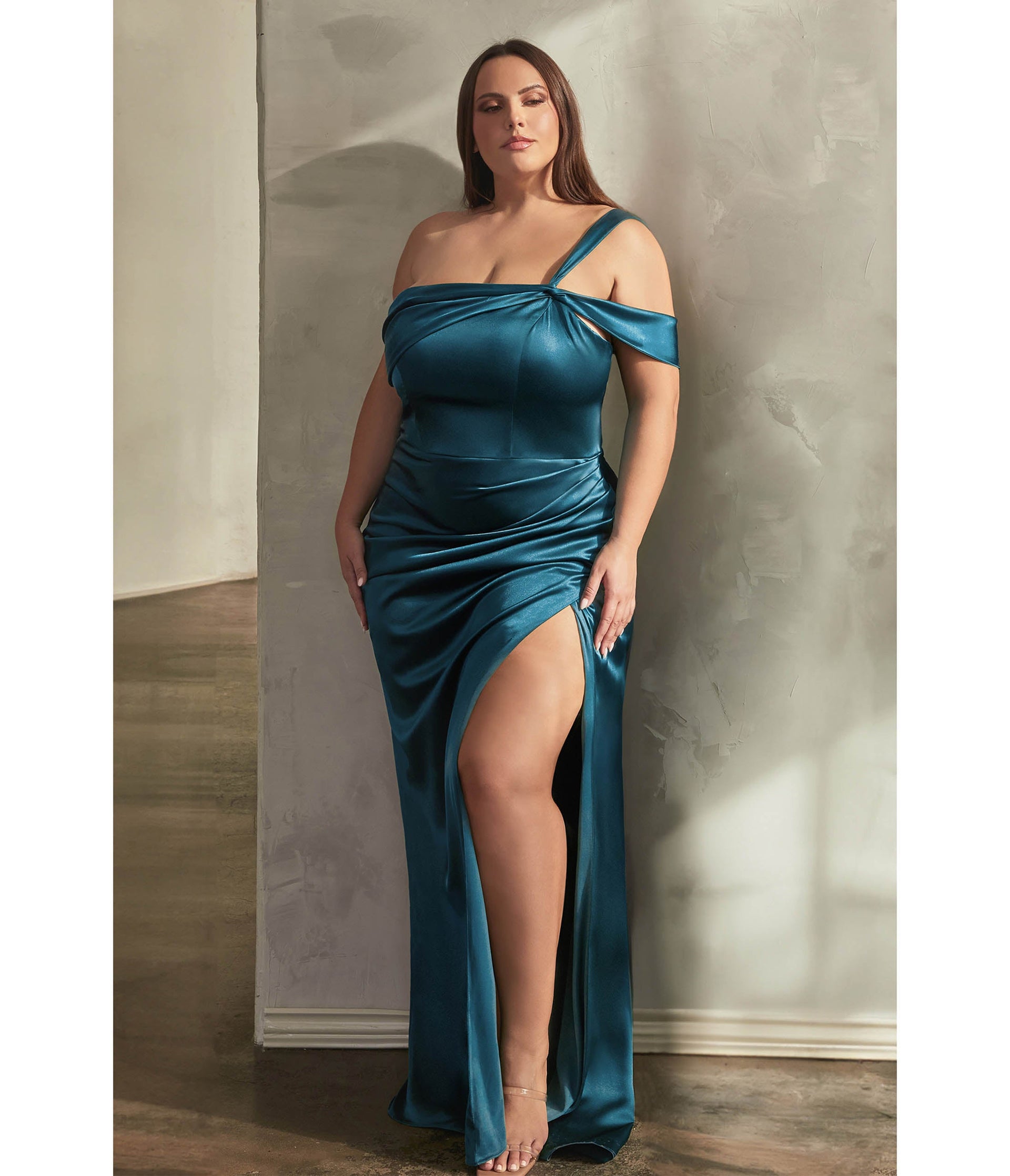 Plus Size French Navy Ruched Satin One Shoulder Evening Gown - Unique Vintage - Womens, DRESSES, PROM AND SPECIAL OCCASION