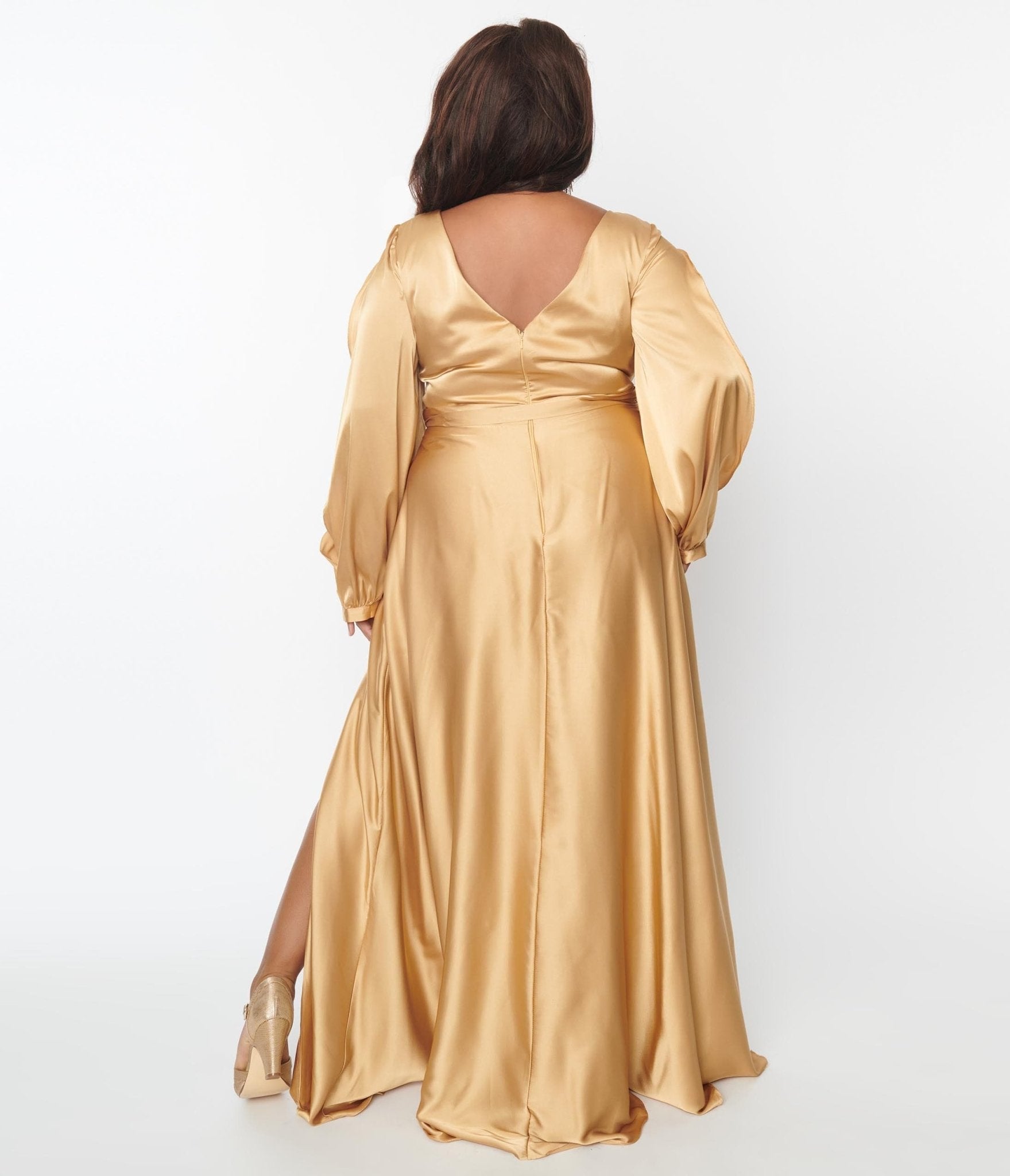 Plus Size Gold Satin Long Sleeve Goddess Gown - Unique Vintage - Womens, DRESSES, PROM AND SPECIAL OCCASION