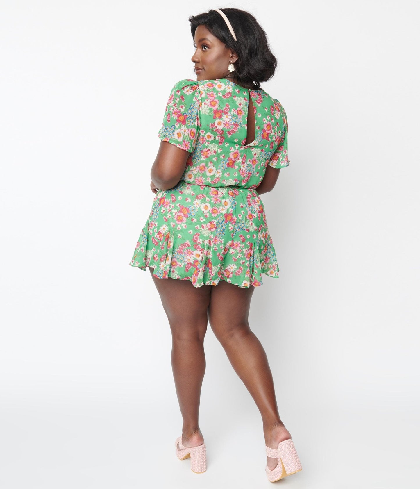 Plus Size Green Floral Akina Romper - Unique Vintage - Womens, BOTTOMS, ROMPERS AND JUMPSUITS