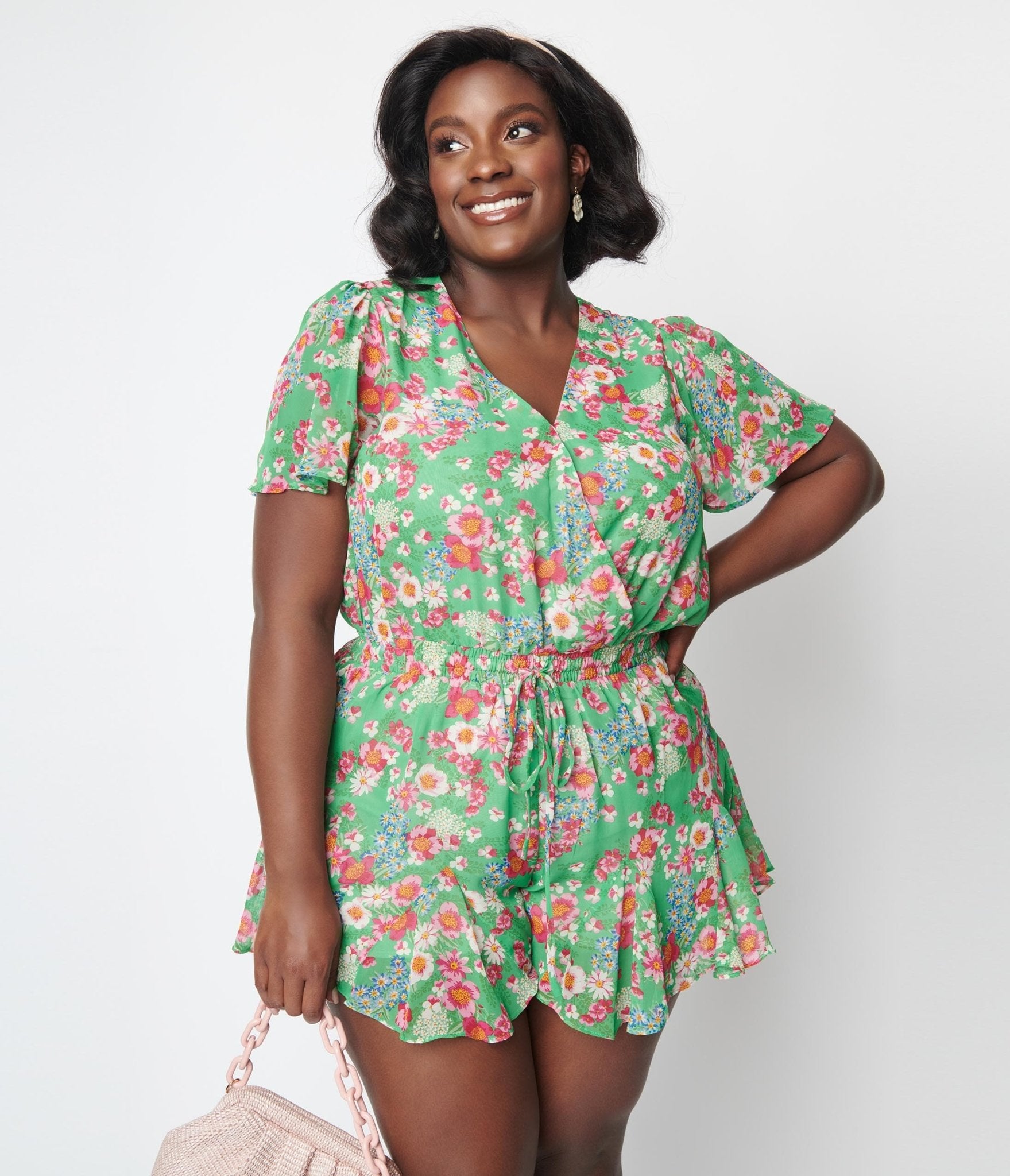 Plus Size Green Floral Akina Romper - Unique Vintage - Womens, BOTTOMS, ROMPERS AND JUMPSUITS