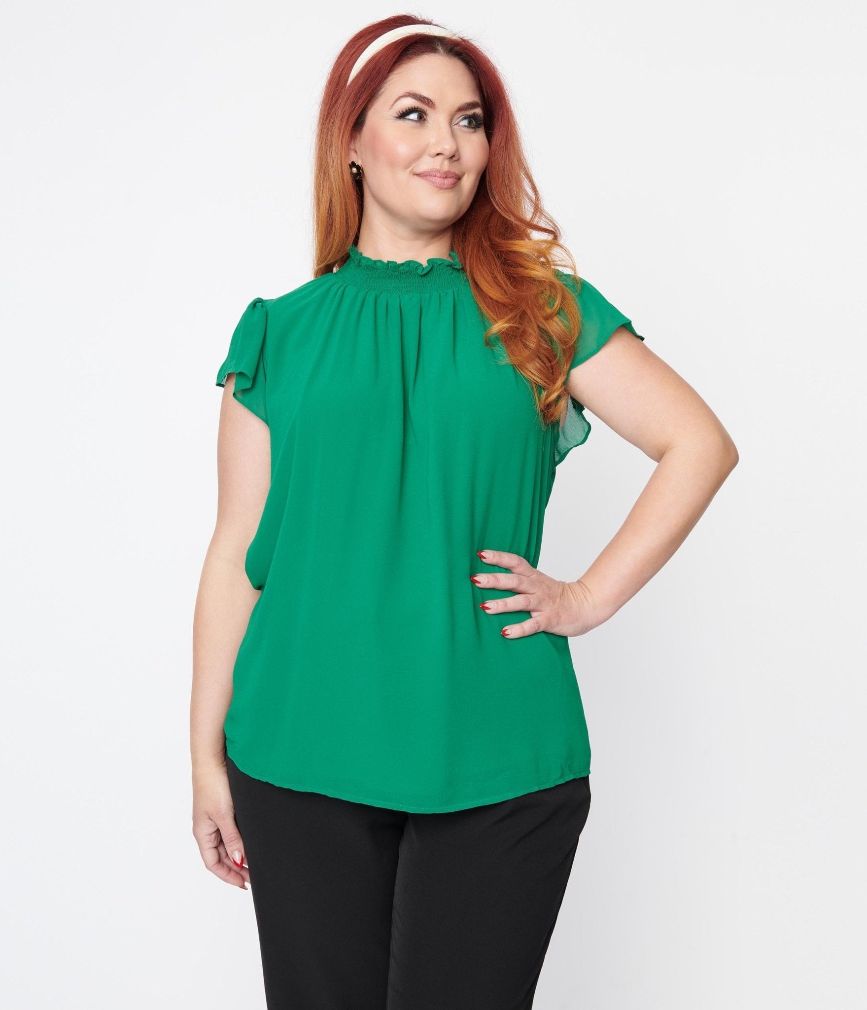 Plus Size Green Mock Neck Ruffled Blouse - Unique Vintage - Womens, TOPS, WOVEN TOPS