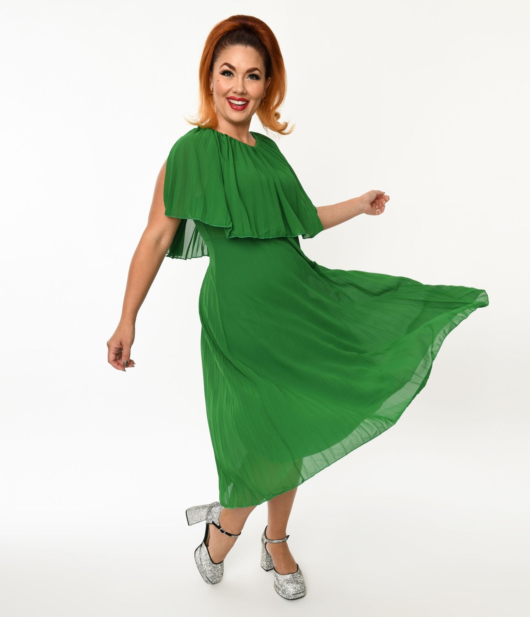 Plus Size Green Pleated Midi Dress - Unique Vintage - Womens, DRESSES, MIDI