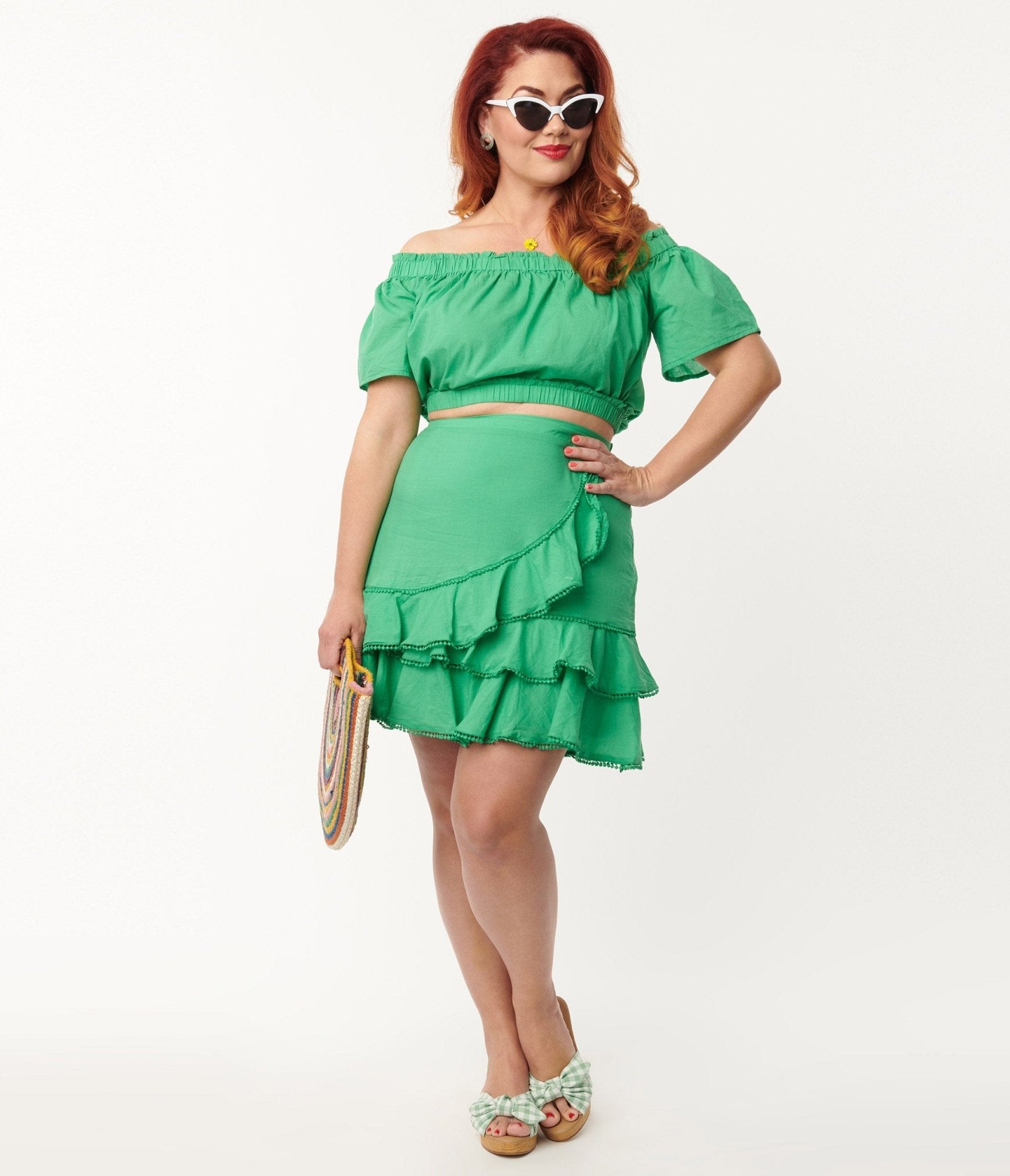 Plus Size Green Two Piece Crop Top & Skirt - Unique Vintage - Womens, BOTTOMS, ROMPERS AND JUMPSUITS
