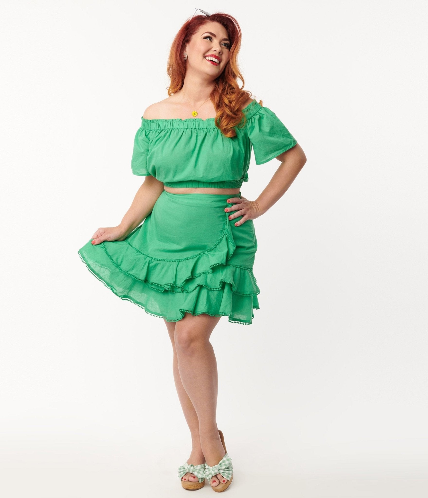 Plus Size Green Two Piece Crop Top & Skirt - Unique Vintage - Womens, BOTTOMS, ROMPERS AND JUMPSUITS