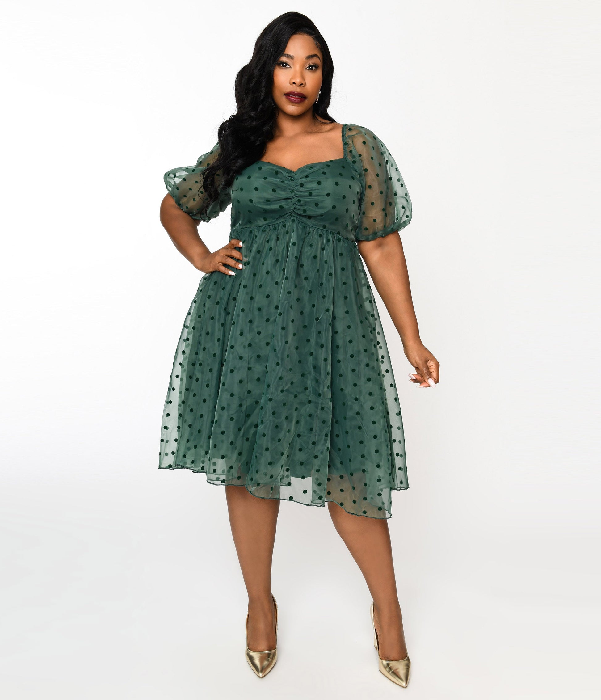 Plus Size Green & Velvet Polka Dot Babydoll Dress - Unique Vintage - Womens, DRESSES, BABYDOLL