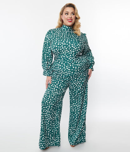 Plus Size Green & White Polka Dot Jumpsuit - Unique Vintage - Womens, BOTTOMS, ROMPERS AND JUMPSUITS