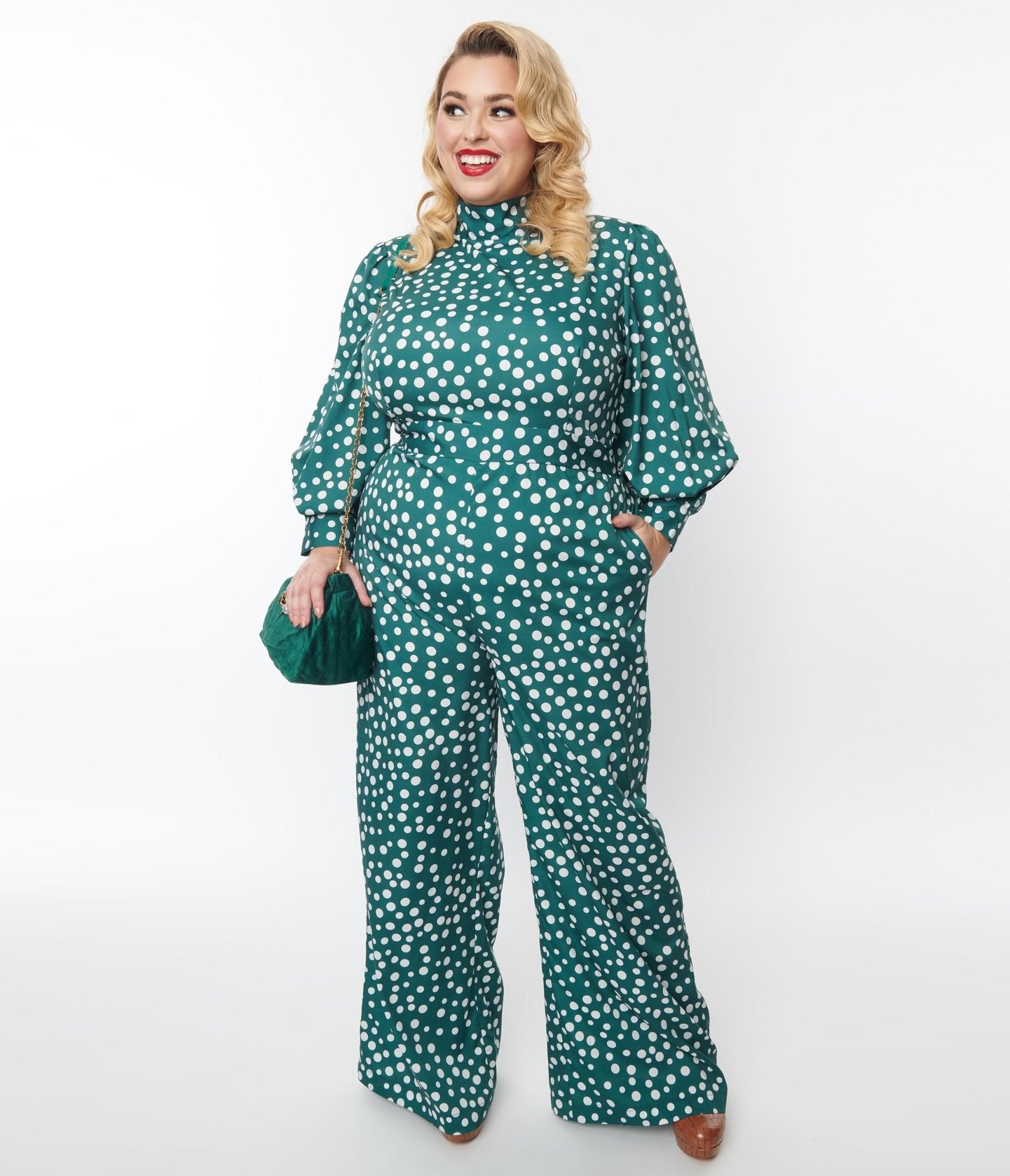Plus Size Green & White Polka Dot Jumpsuit - Unique Vintage - Womens, BOTTOMS, ROMPERS AND JUMPSUITS