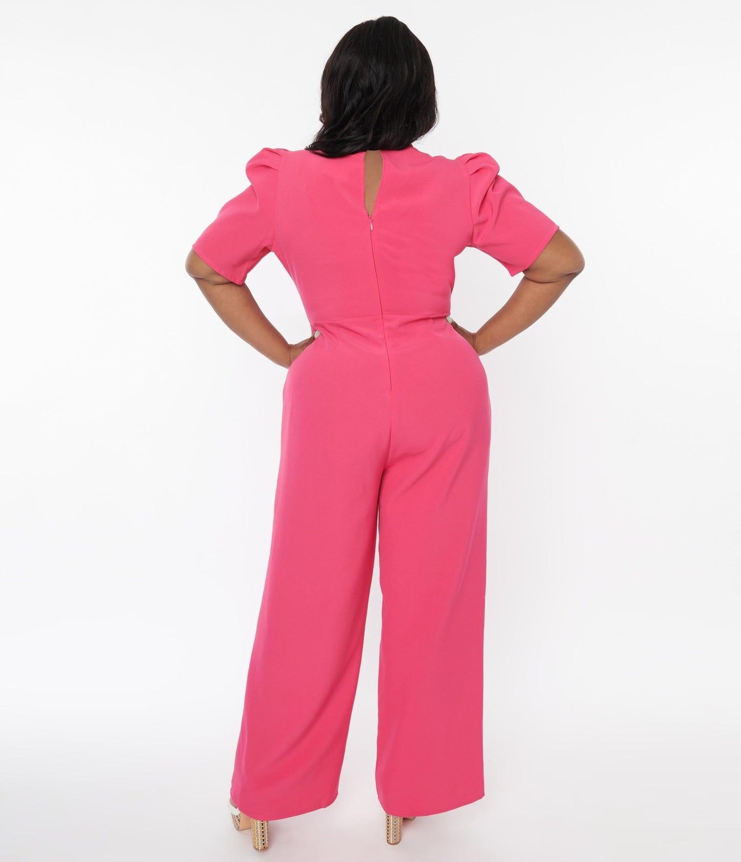 Plus Size Hot Pink Puff Sleeve Jumpsuit - Unique Vintage - Womens, BOTTOMS, ROMPERS AND JUMPSUITS
