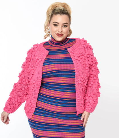 Plus Size Hot Pink Textured Knit Open Cardigan - Unique Vintage - Womens, TOPS, SWEATERS