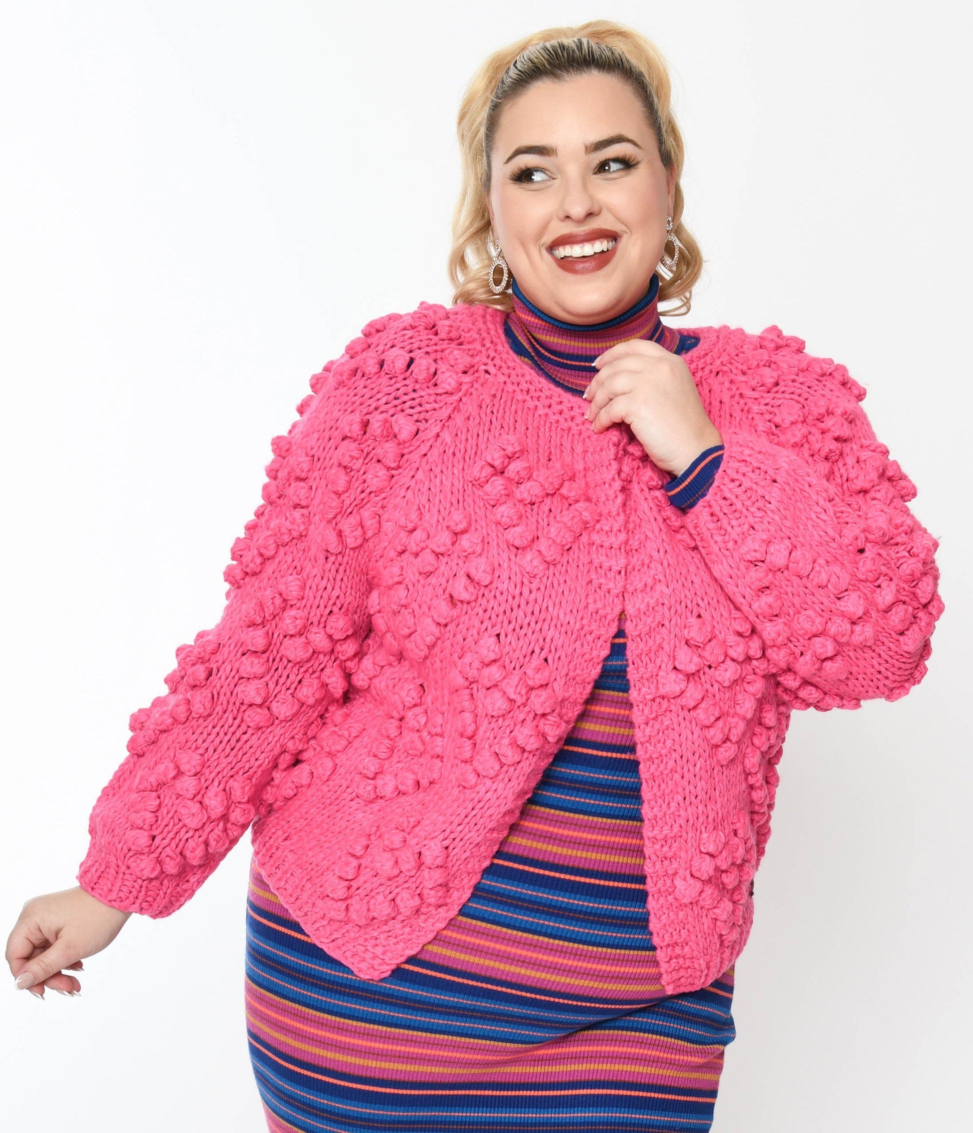 Plus Size Hot Pink Textured Knit Open Cardigan - Unique Vintage - Womens, TOPS, SWEATERS